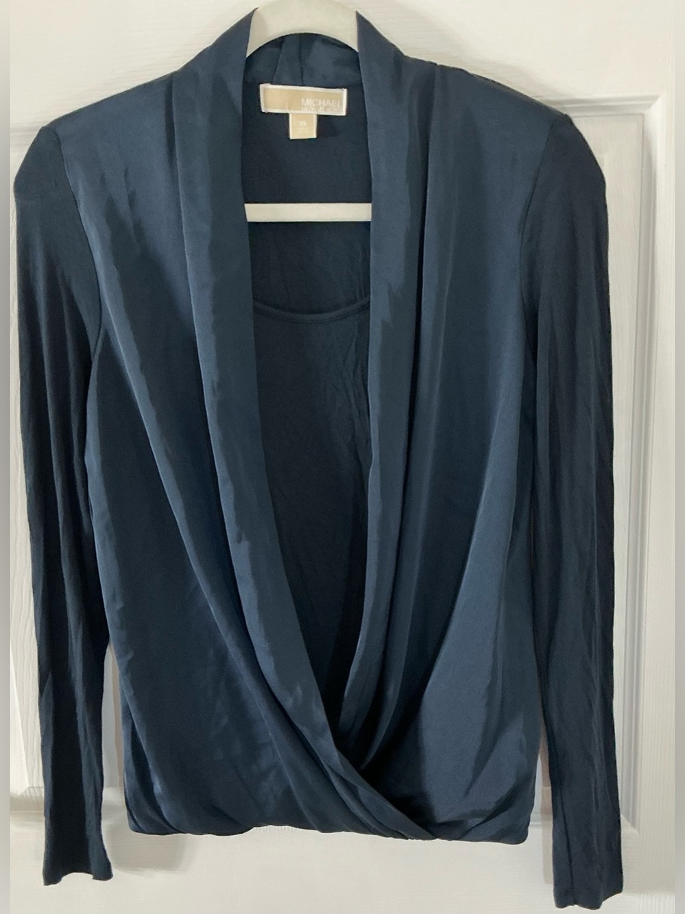 MICHAEL Michael Kors Navy Blue Mixed Media Faux Wrap Draped Top XS NWOT